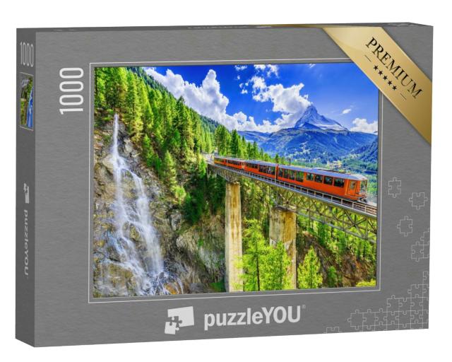 Puzzle 1000 Teile „Gornergrat mit Wasserfall, Brücke und Matterhorn, Zermatt, Wallis, Schweiz“
