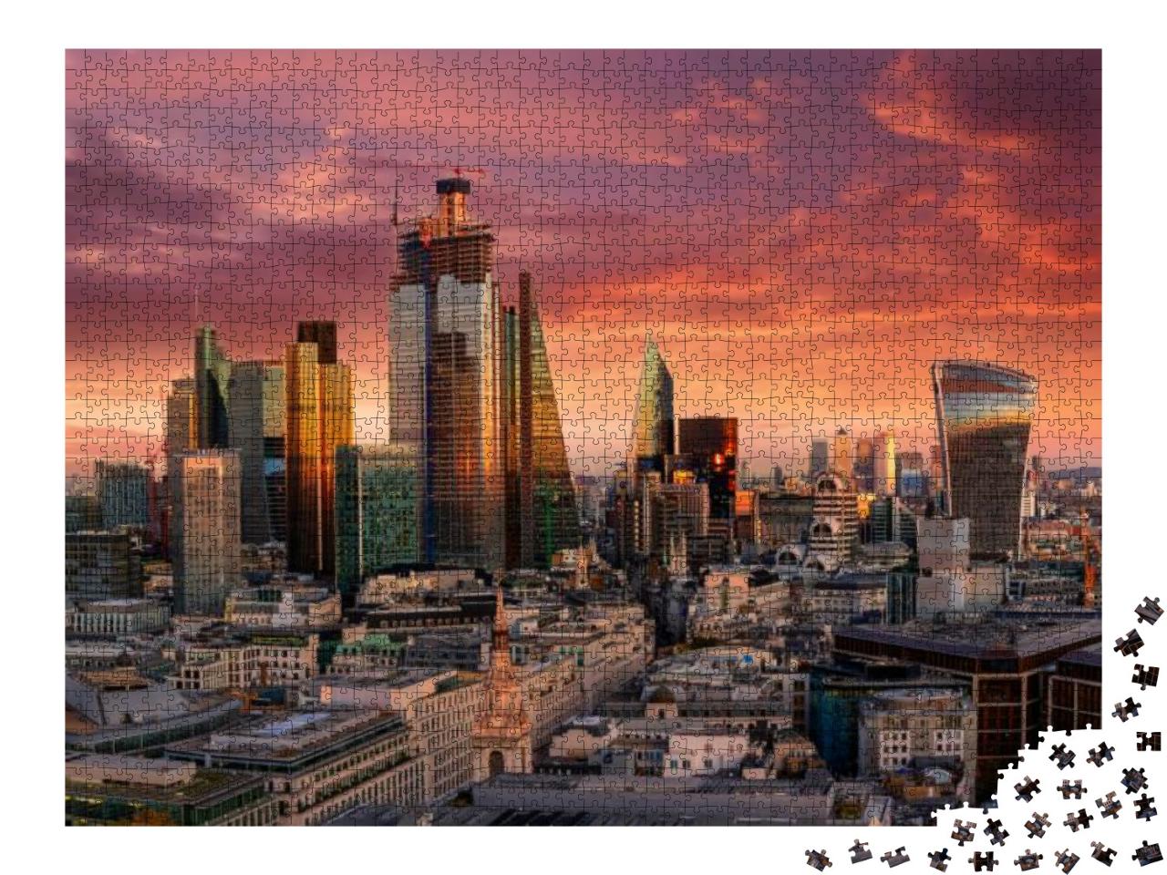 Puzzle 2000 Teile „Feurier Sonnenuntergang über dem Finanzdistrikt von London“