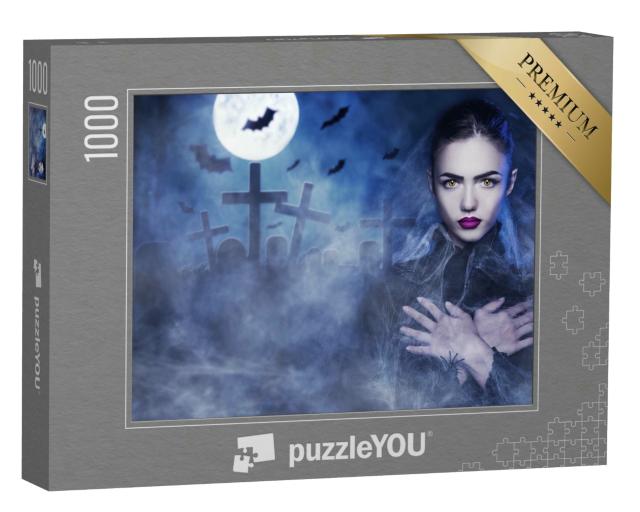 Puzzle 1000 Teile „Friedhof-Szenerie: Vampirfrau auf einem Friedhof, Spinnennetz, Vollmond, Kreuze“