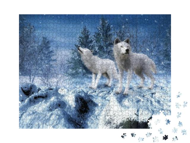 Puzzle 1000 Teile „3D-Kunst Winterlandschaft mit zwei weißen Wölfen“