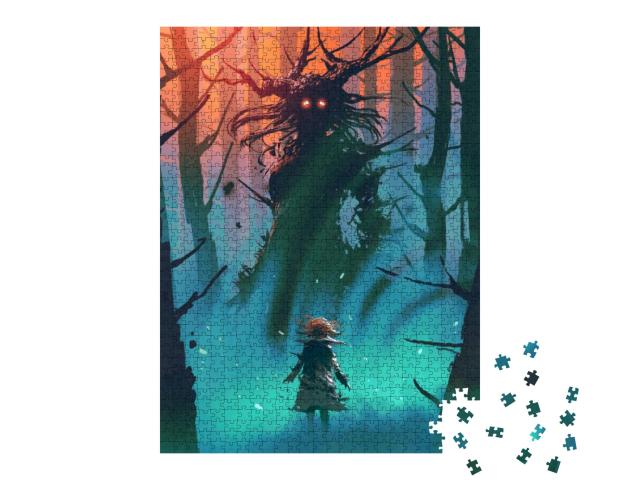 Puzzle 1000 Teile „Kleines Mädchen und eine Hexe schauen sich im Wald an, digitaler Kunststil“