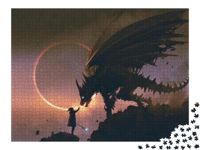 Puzzle 2000 Teile „Digitale Kunst: Der Zauberer und sein Drache“