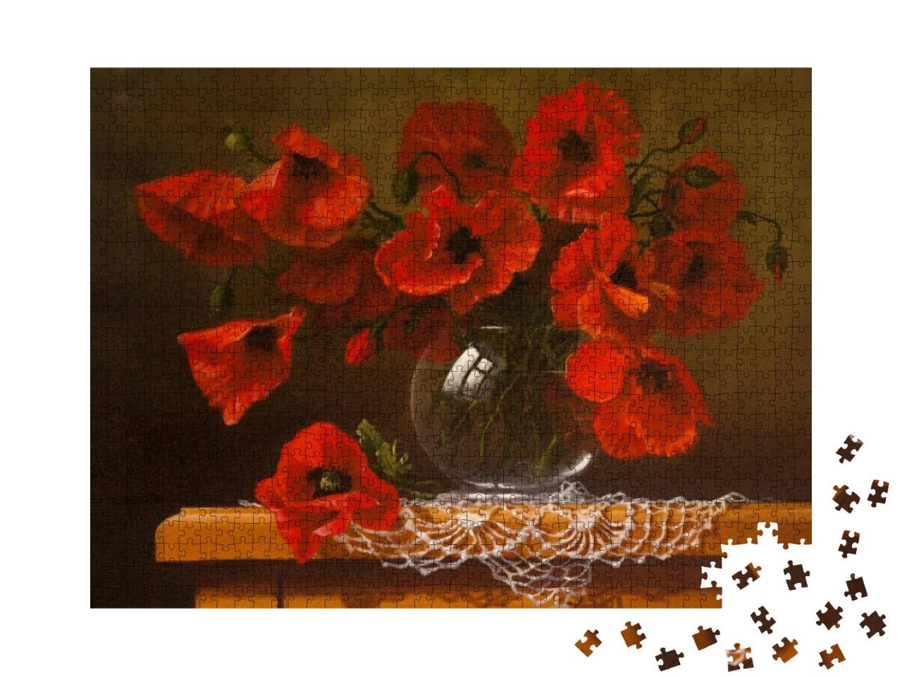 Puzzle 1000 Teile „Ölgemälde auf Leinwand, Mohnblumen in einer Glasvase“