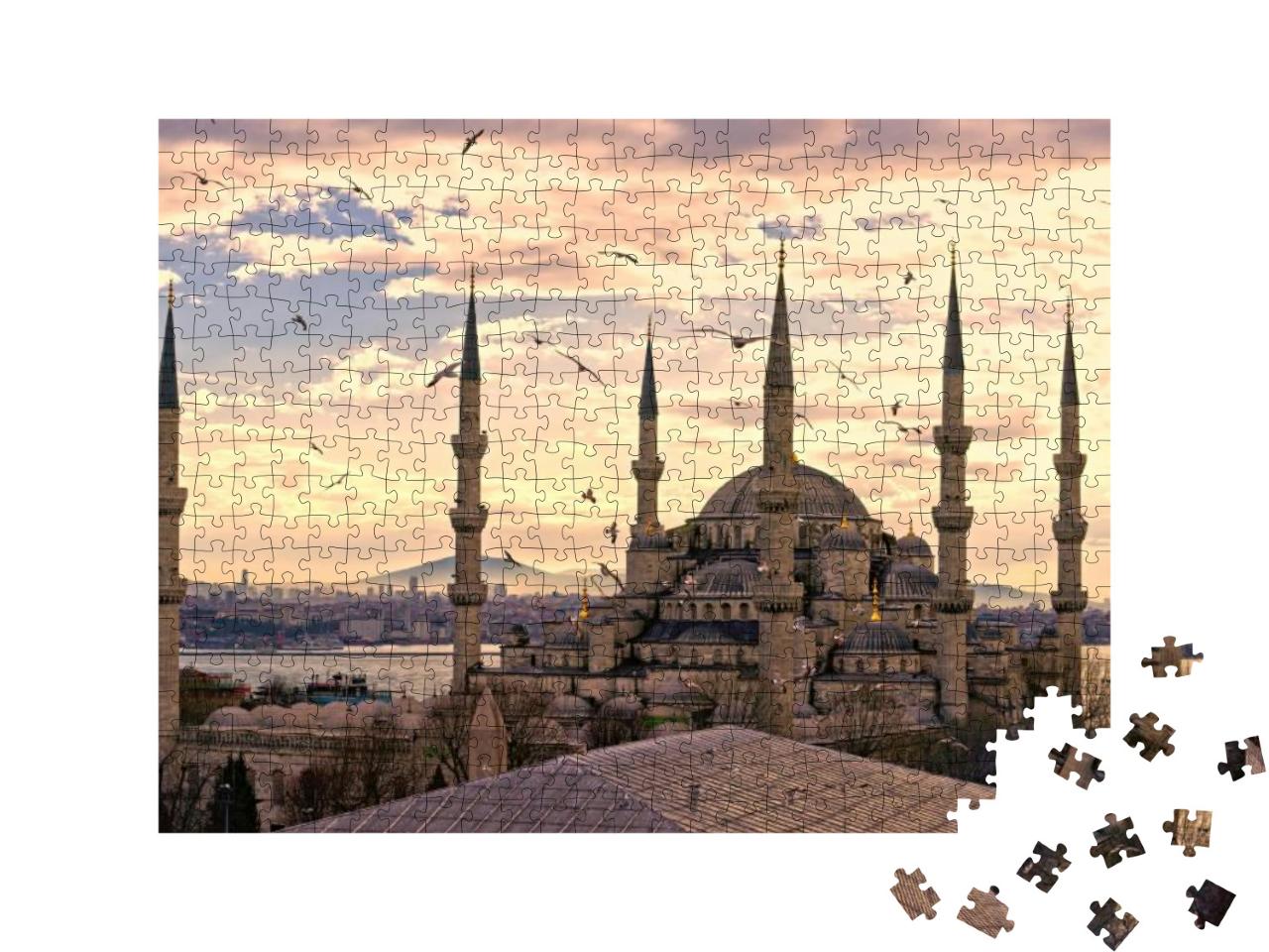 Puzzle 500 Teile „Sonnenuntergang über der Blauen Moschee, (Sultanahmet Camii), Istanbul, Türkei“