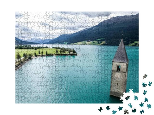 Puzzle 1000 Teile „Reschenpass zwischen Italien und Österreich, Landschaft mit Turm in Reschensee“