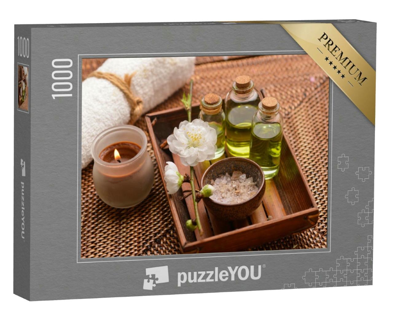 Puzzle 1000 Teile „Tropisches Setting: Matte mit Massageöl, Kerze, Kirsche, Handtuch“