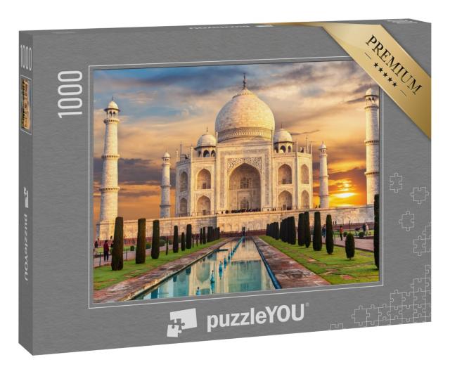 Puzzle 1000 Teile „Taj Mahal bei Sonnenuntergang, berühmte Sehenswürdigkeit, Indien, Agra“