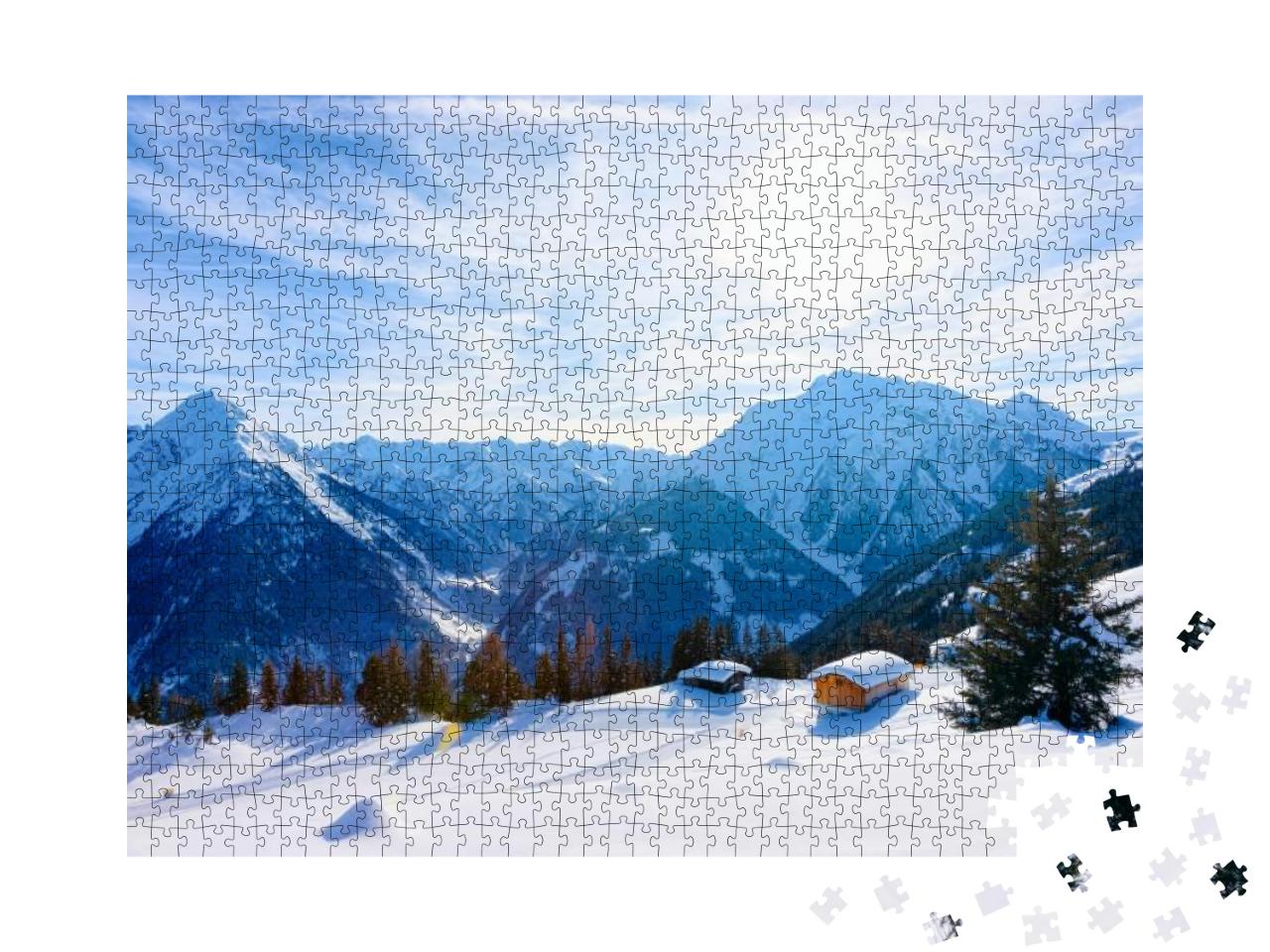 Puzzle 1000 Teile „Skigebiet Mayrhofen mit Chalets im malerischen Zillertal, Tirol, Österreich im Winter“
