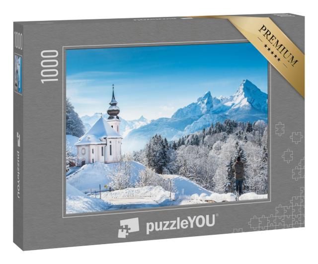 Puzzle 1000 Teile „Winterliche Wallfahrtskirche Maria Gern vor dem Watzmann, Deutschland“
