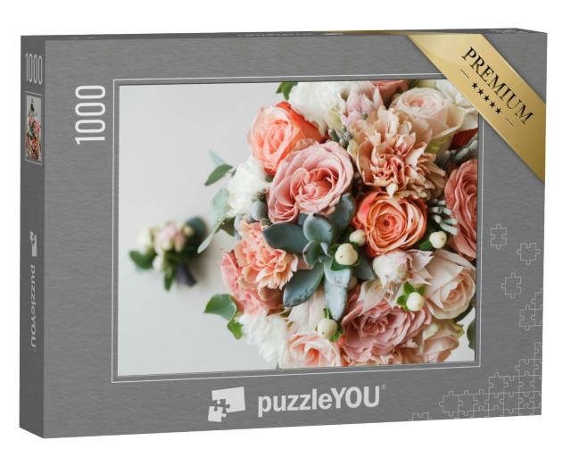 Puzzle 1000 Teile „Rosen, Pfingstrosen und Zierpflanzen: Blumenstrauß zur Hochzeit“