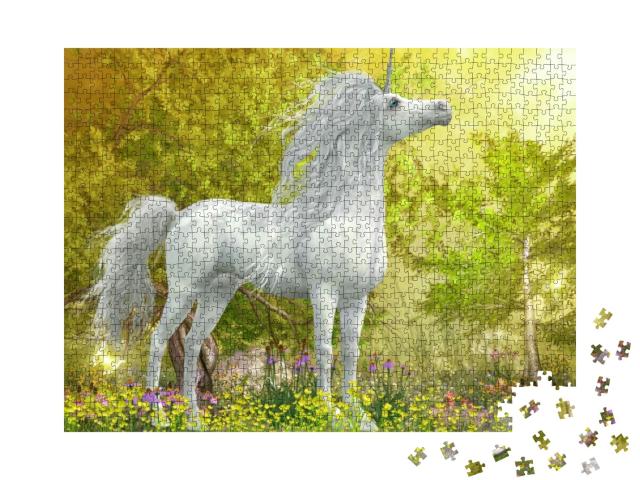 Puzzle 1000 Teile „Einhorn-Hengst auf der Wiese mit gelben Blumen, Illustration“