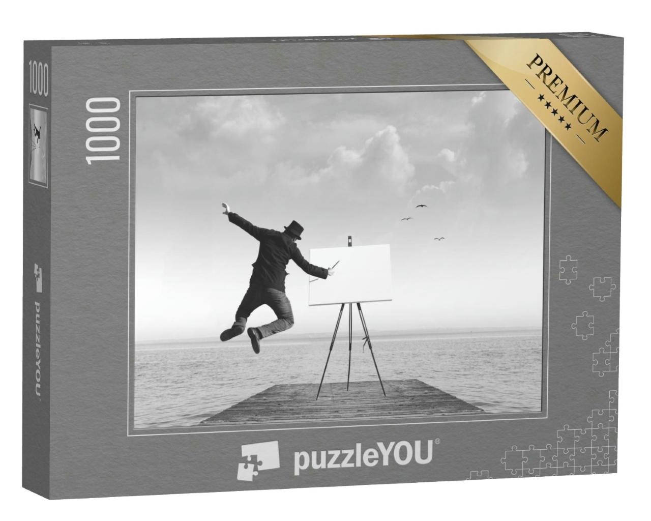 Puzzle 1000 Teile „Kunstfotografie: Maler mit Leinwand, schwarz-weiß“