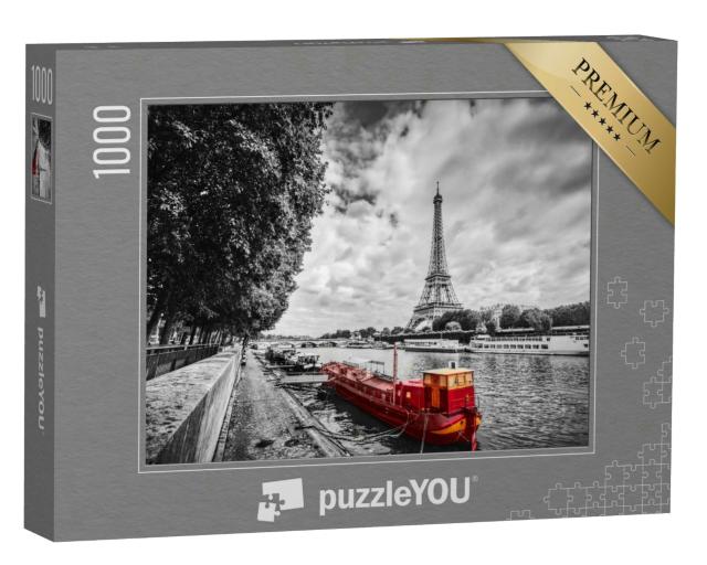 Puzzle 1000 Teile „Eiffelturm über der Seine mit rotem Schiff, Paris, Frankreich“
