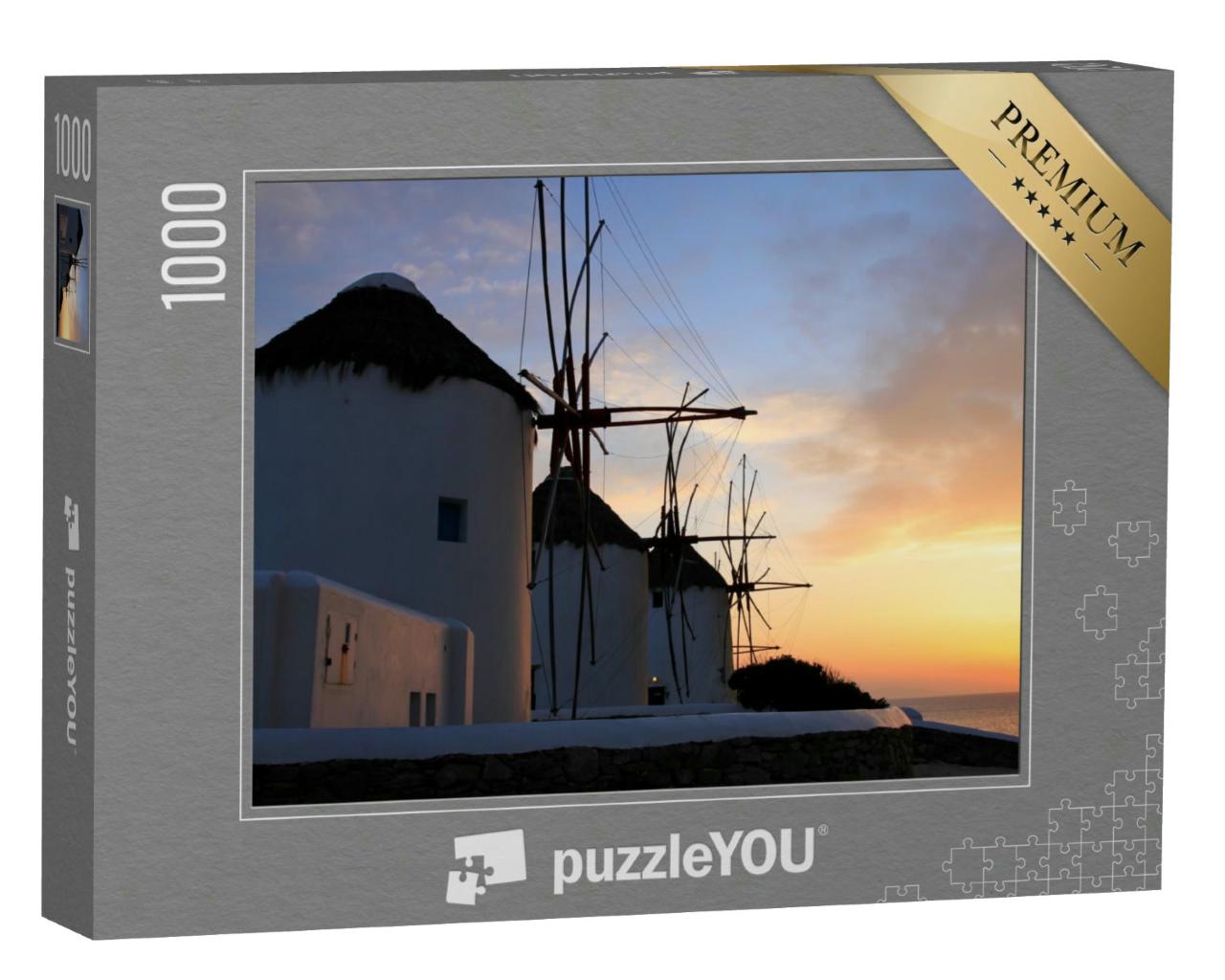 Puzzle 1000 Teile „Mykonos: Windmühlen bei Sonnenuntergang, Griechenland“