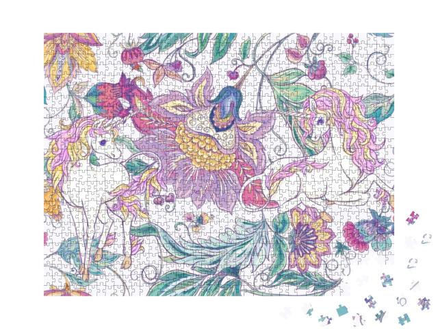 Puzzle 1000 Teile „Illustration: Einhörner und Blumen im Vintage-Style“