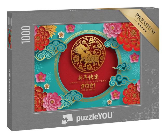 Puzzle 1000 Teile „Chinesisches Neujahr 2021: Jahr des Ochsen, Blume und asiatische Elemente“