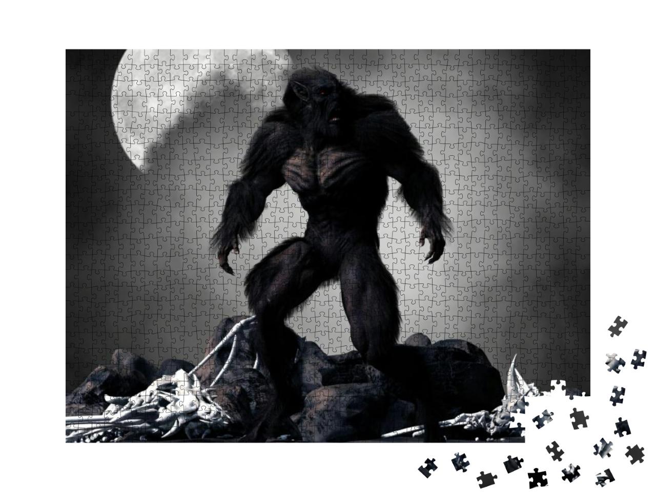 Puzzle 1000 Teile „Digitale Kunst: Düsterer Werwolf, umgeben von Skeletten“