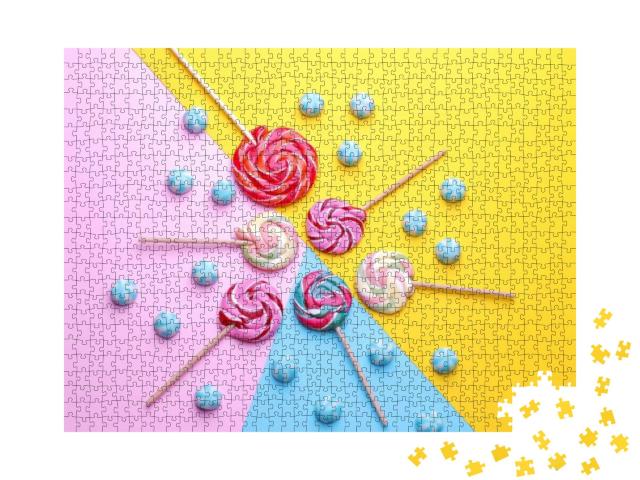 Puzzle 1000 Teile „Bunte runde Bonbons und farbige Lutscher auf bunten hellen Hintergründen“