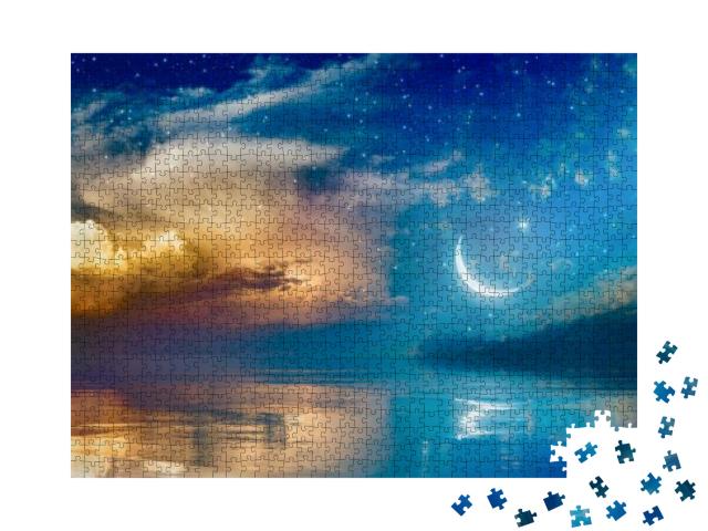 Puzzle 1000 Teile „Hintergrund mit Mondsichel, Sternen und Wolken, Ramadan Kareem“