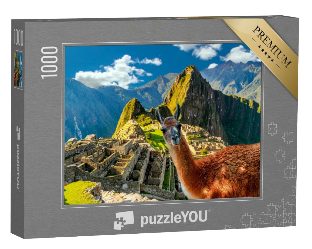 Puzzle 1000 Teile „Lama, das am Aussichtspunkt Machu Picchu in Peru steht“