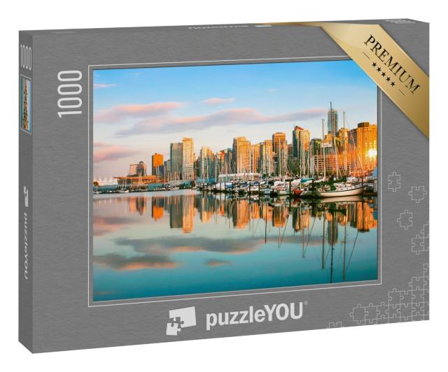 Puzzle 1000 Teile „Schöne Aussicht auf die Skyline von Vancouver mit Hafen bei Sonnenuntergang, Kanada“