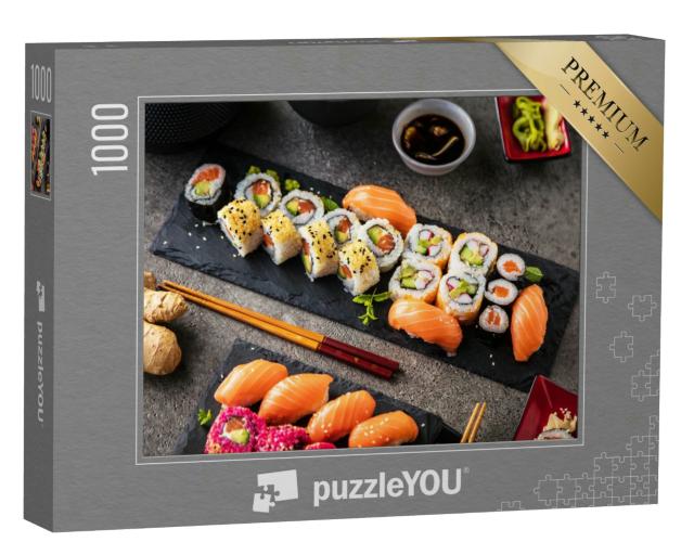 Puzzle 1000 Teile „Japanisches Essen: Verschiedene Sushi-Sorten auf Schieferplatten, Stäbchen und Ingwer“