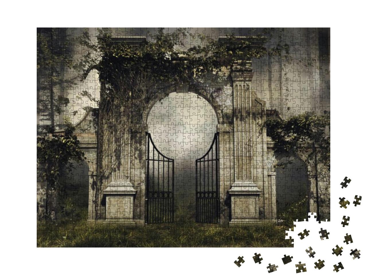 Puzzle 1000 Teile „Gothic-Illustration: Altes, umranktes Gartentor im Wald“