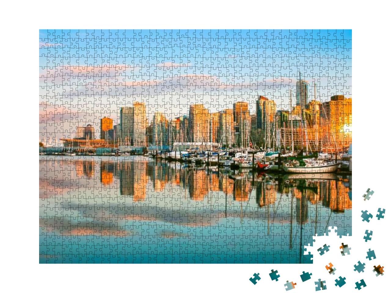 Puzzle 1000 Teile „Schöne Aussicht auf die Skyline von Vancouver mit Hafen bei Sonnenuntergang, Kanada“