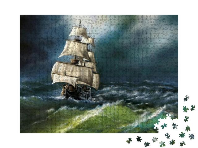 Puzzle 1000 Teile „Ölgemälde: Altes Schiff auf rauher See“